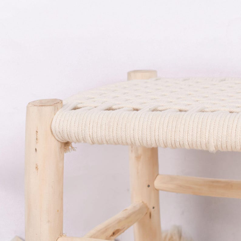Handcrafted Moroccan Wooden Bench with Woven White Cord AZRIVA
