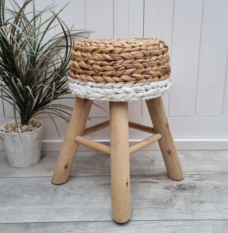 Handcrafted Round Water Hyacinth Wooden Stool AZRIVA