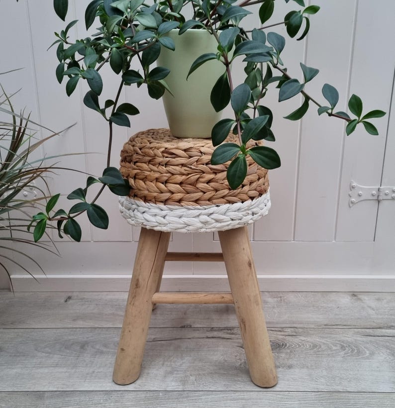 Handcrafted Round Water Hyacinth Wooden Stool AZRIVA