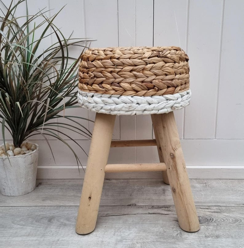Handcrafted Round Water Hyacinth Wooden Stool AZRIVA