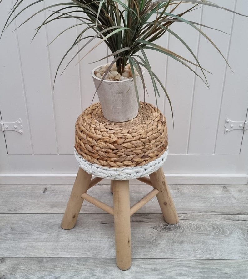 Handcrafted Round Water Hyacinth Wooden Stool AZRIVA