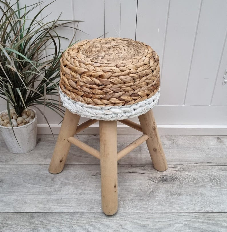 Handcrafted Round Water Hyacinth Wooden Stool AZRIVA