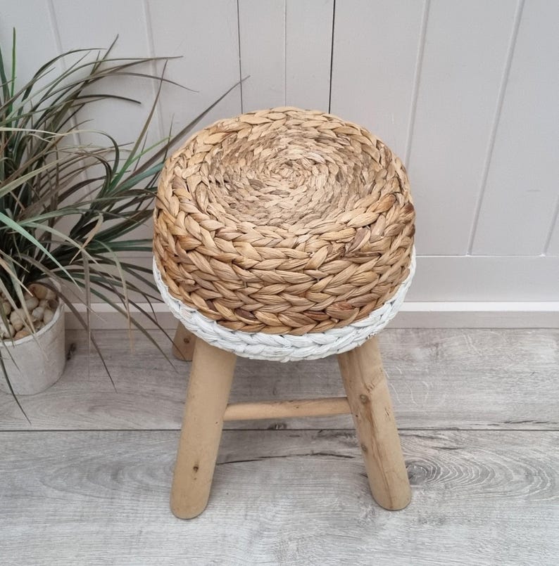 Handcrafted Round Water Hyacinth Wooden Stool AZRIVA