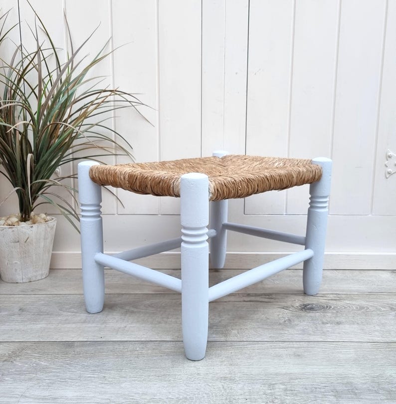 Handcrafted Mini Low Wooden Stool with Woven Rush Seat AZRIVA