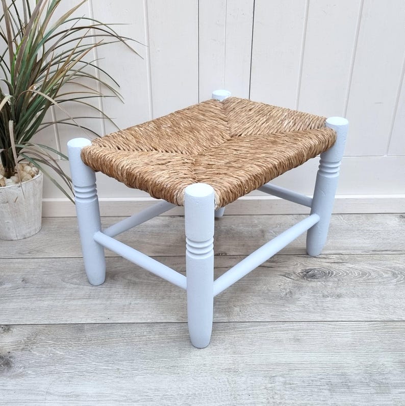 Handcrafted Mini Low Wooden Stool with Woven Rush Seat AZRIVA