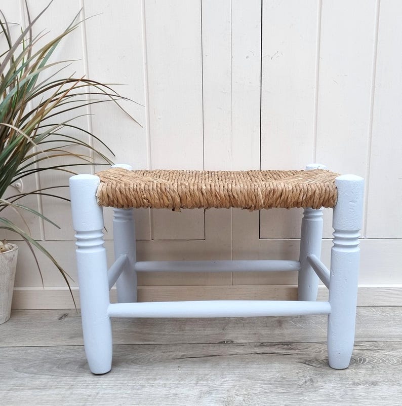 Handcrafted Mini Low Wooden Stool with Woven Rush Seat AZRIVA
