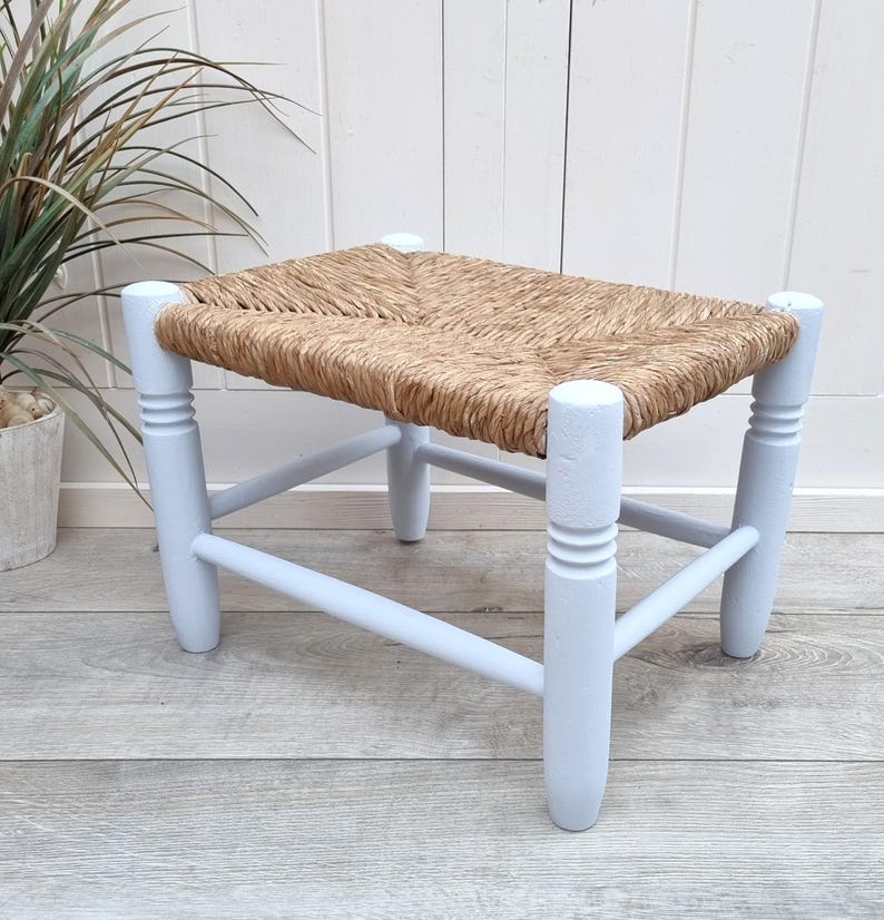 Handcrafted Mini Low Wooden Stool with Woven Rush Seat AZRIVA