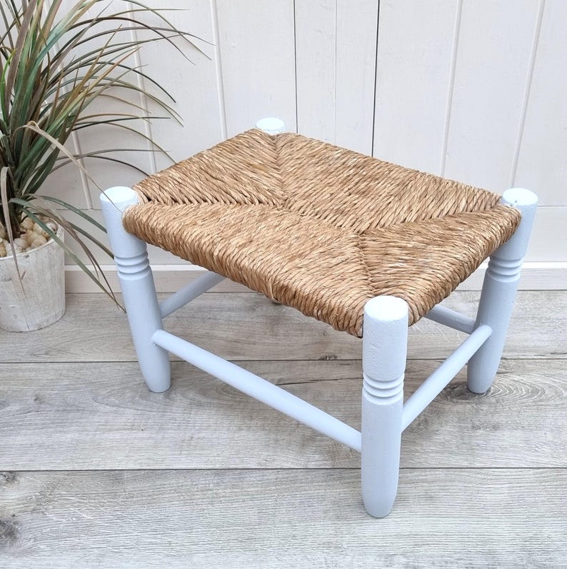 Handcrafted Mini Low Wooden Stool with Woven Rush Seat AZRIVA