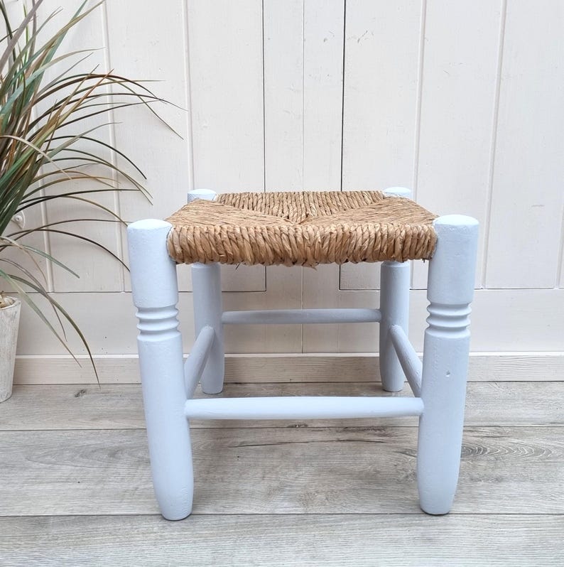 Handcrafted Mini Low Wooden Stool with Woven Rush Seat AZRIVA