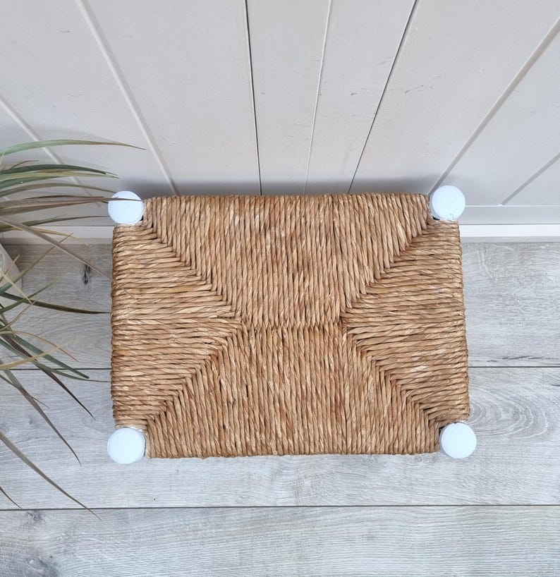 Handcrafted Mini Low Wooden Stool with Woven Rush Seat AZRIVA