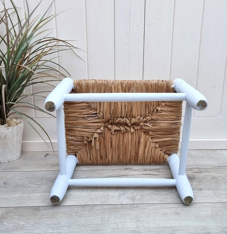 Handcrafted Mini Low Wooden Stool with Woven Rush Seat AZRIVA
