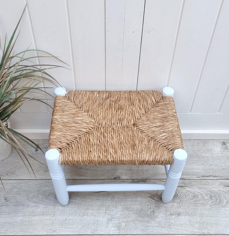 Handcrafted Mini Low Wooden Stool with Woven Rush Seat AZRIVA