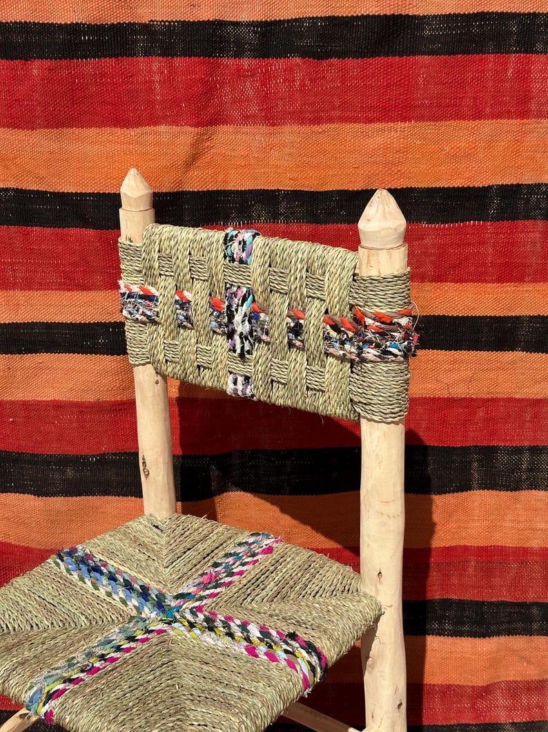 Handcrafted Moroccan Laurel Wood Chair with Palm Leaf & Boucherouite Weave AZRIVA