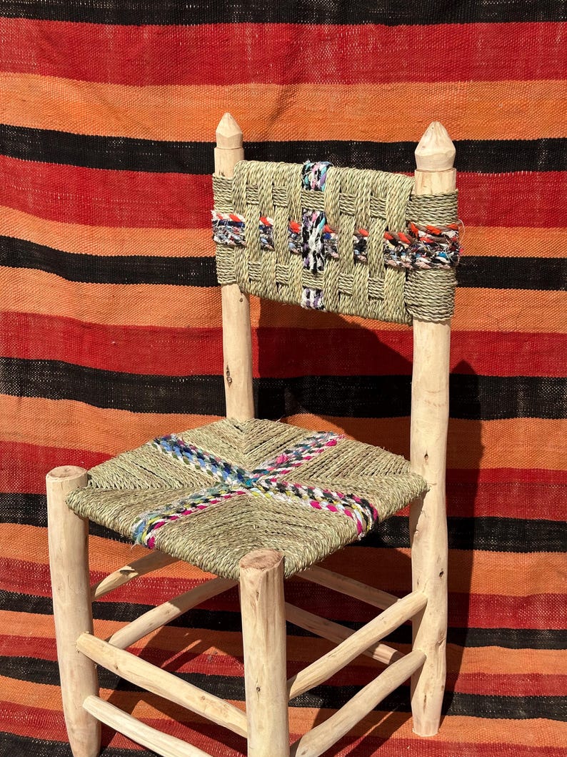 Handcrafted Moroccan Laurel Wood Chair with Palm Leaf & Boucherouite Weave AZRIVA