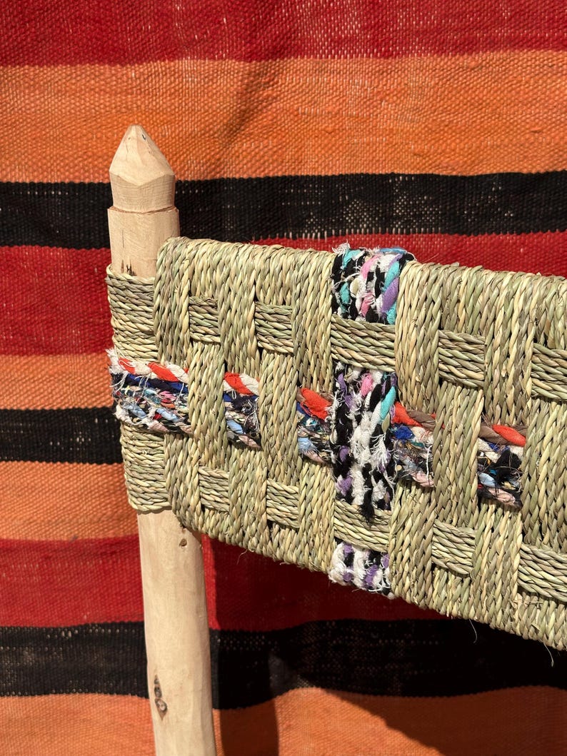 Handcrafted Moroccan Laurel Wood Chair with Palm Leaf & Boucherouite Weave AZRIVA