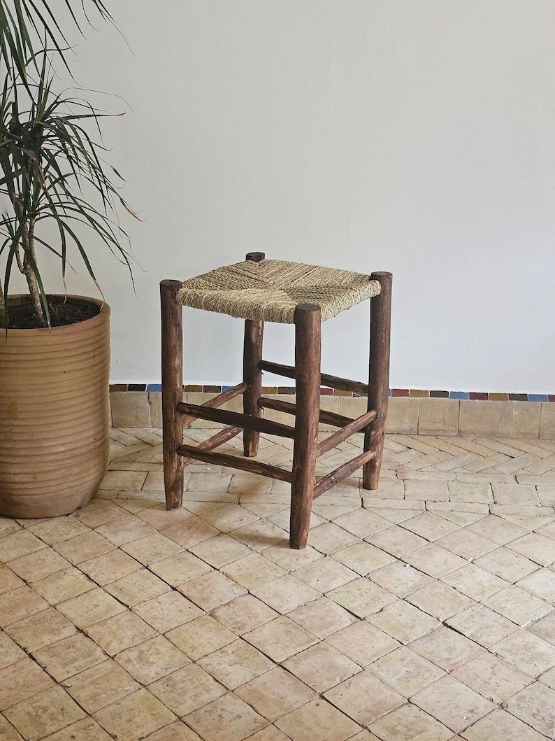 Handcrafted Moroccan Laurel Wood Chair with Palm Leaf & Boucherouite Weave AZRIVA