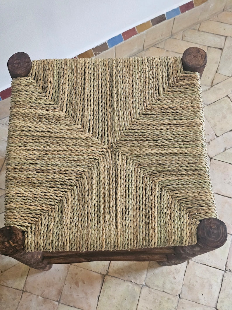 Handcrafted Moroccan Laurel Wood Chair with Palm Leaf & Boucherouite Weave AZRIVA