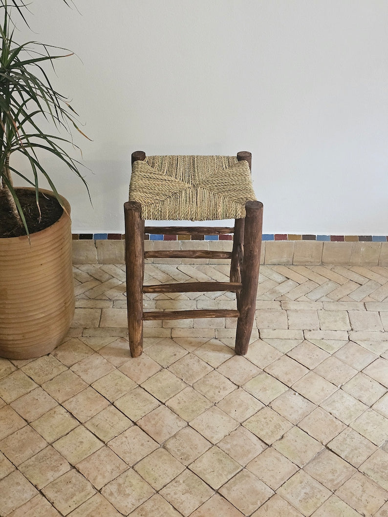 Handcrafted Moroccan Laurel Wood Chair with Palm Leaf & Boucherouite Weave AZRIVA