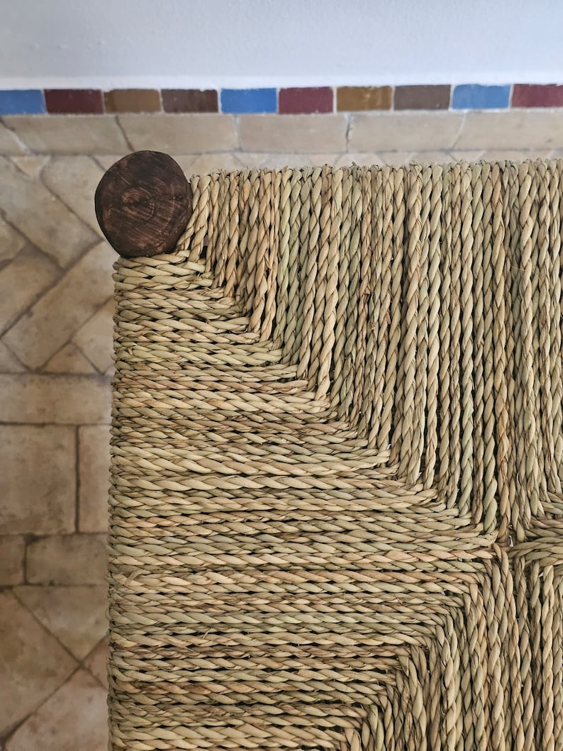 Handcrafted Moroccan Laurel Wood Chair with Palm Leaf & Boucherouite Weave AZRIVA