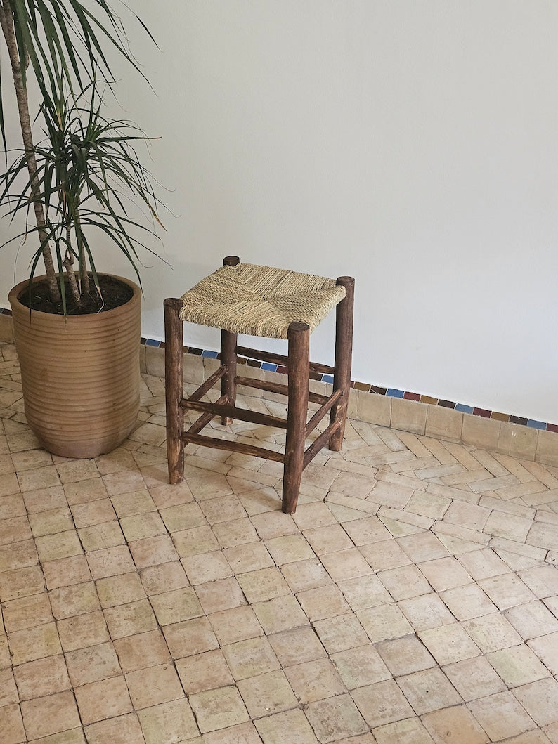 Handcrafted Moroccan Laurel Wood Chair with Palm Leaf & Boucherouite Weave AZRIVA