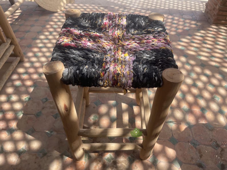 Handcrafted Moroccan Laurel Wood Stool with Woven Boucherouite Seat AZRIVA
