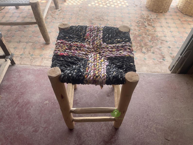 Handcrafted Moroccan Laurel Wood Stool with Woven Boucherouite Seat AZRIVA