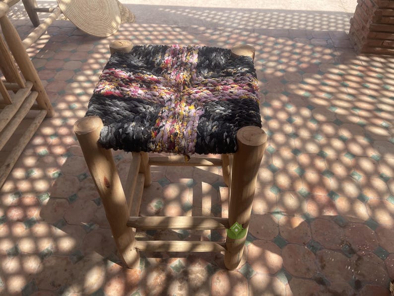 Handcrafted Moroccan Laurel Wood Stool with Woven Boucherouite Seat AZRIVA
