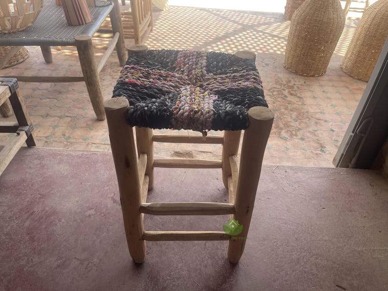 Handcrafted Moroccan Laurel Wood Stool with Woven Boucherouite Seat AZRIVA