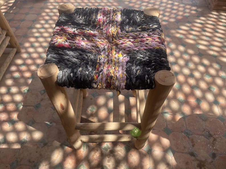 Handcrafted Moroccan Laurel Wood Stool with Woven Boucherouite Seat AZRIVA