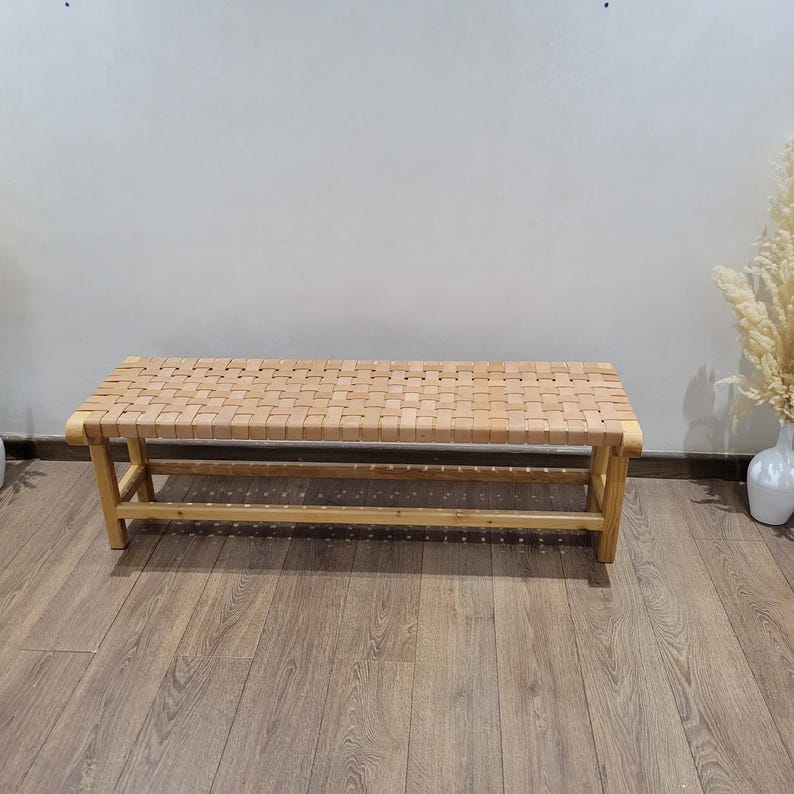 Handcrafted Woven Genuine Leather & Solid Wood Bench AZRIVA