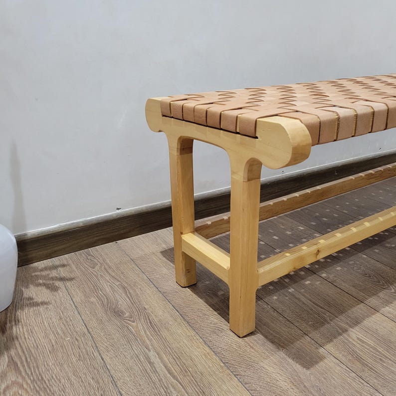 Handcrafted Woven Genuine Leather & Solid Wood Bench AZRIVA