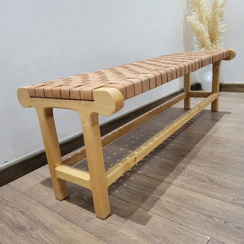 Handcrafted Woven Genuine Leather & Solid Wood Bench AZRIVA