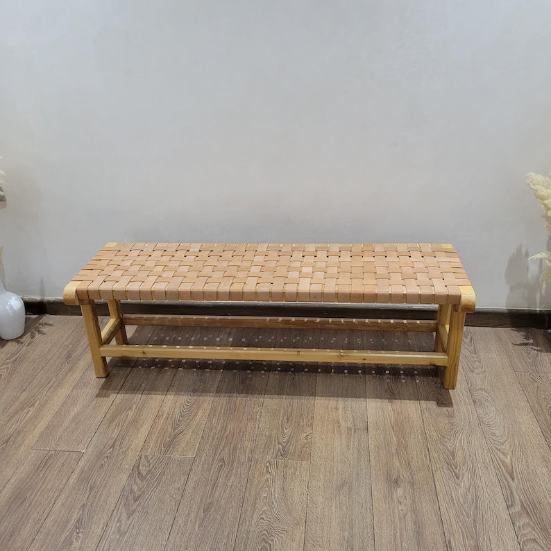 Handcrafted Woven Genuine Leather & Solid Wood Bench AZRIVA