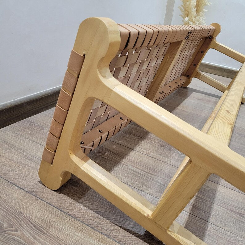 Handcrafted Woven Genuine Leather & Solid Wood Bench AZRIVA
