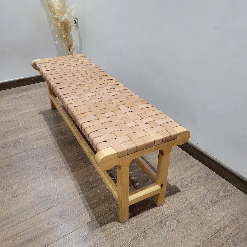 Handcrafted Woven Genuine Leather & Solid Wood Bench AZRIVA