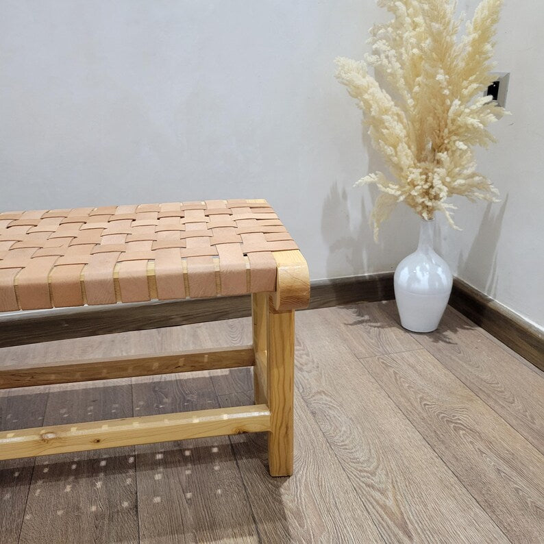 Handcrafted Woven Genuine Leather & Solid Wood Bench AZRIVA