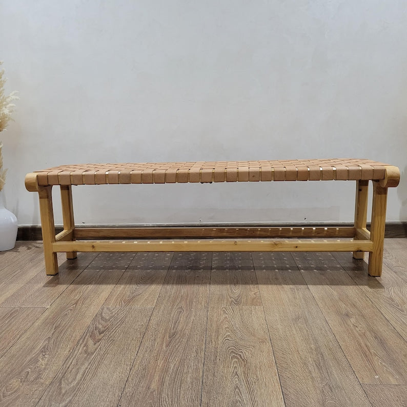 Handcrafted Woven Genuine Leather & Solid Wood Bench AZRIVA
