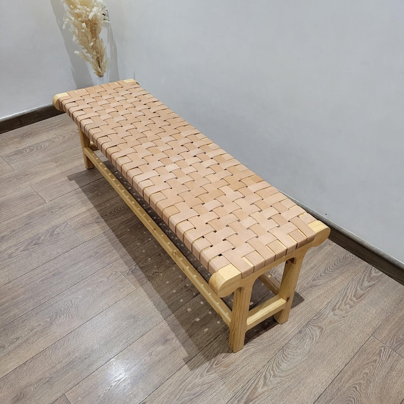 Handcrafted Woven Genuine Leather & Solid Wood Bench AZRIVA
