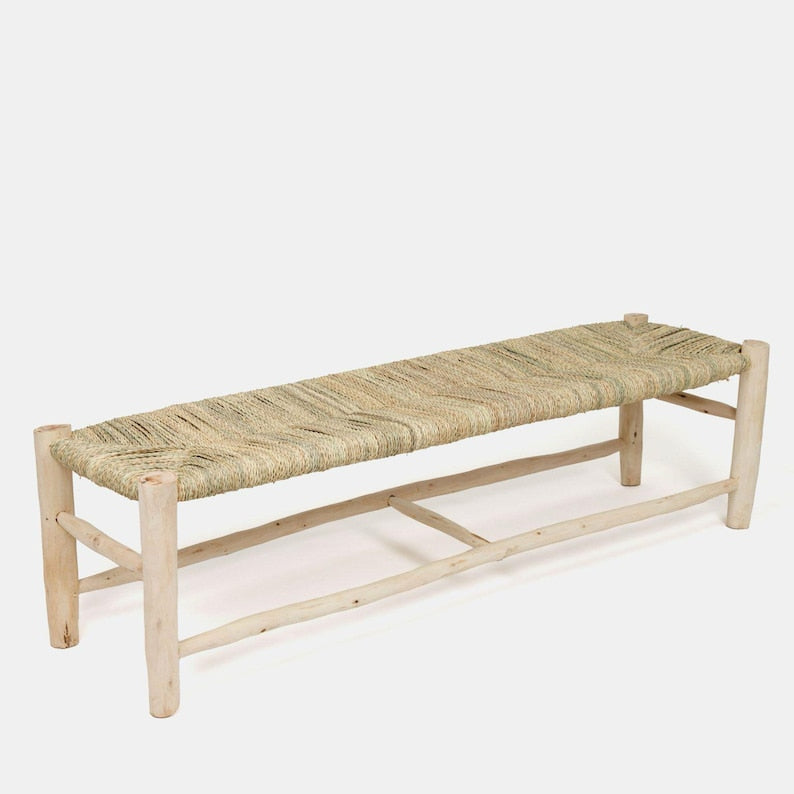 Handcrafted Moroccan Wooden Bench with Natural Palm Leaf Weave AZRIVA