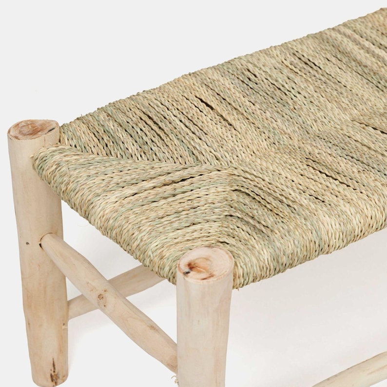 Handcrafted Moroccan Wooden Bench with Natural Palm Leaf Weave AZRIVA