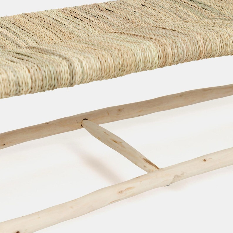 Handcrafted Moroccan Wooden Bench with Natural Palm Leaf Weave AZRIVA
