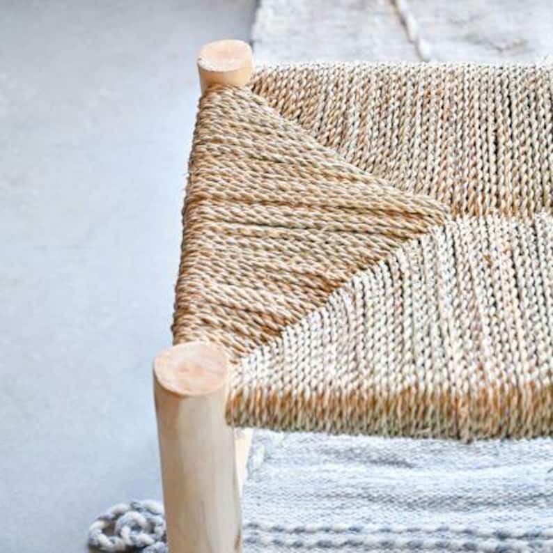 Handcrafted Moroccan Wooden Bench with Natural Palm Leaf Weave AZRIVA