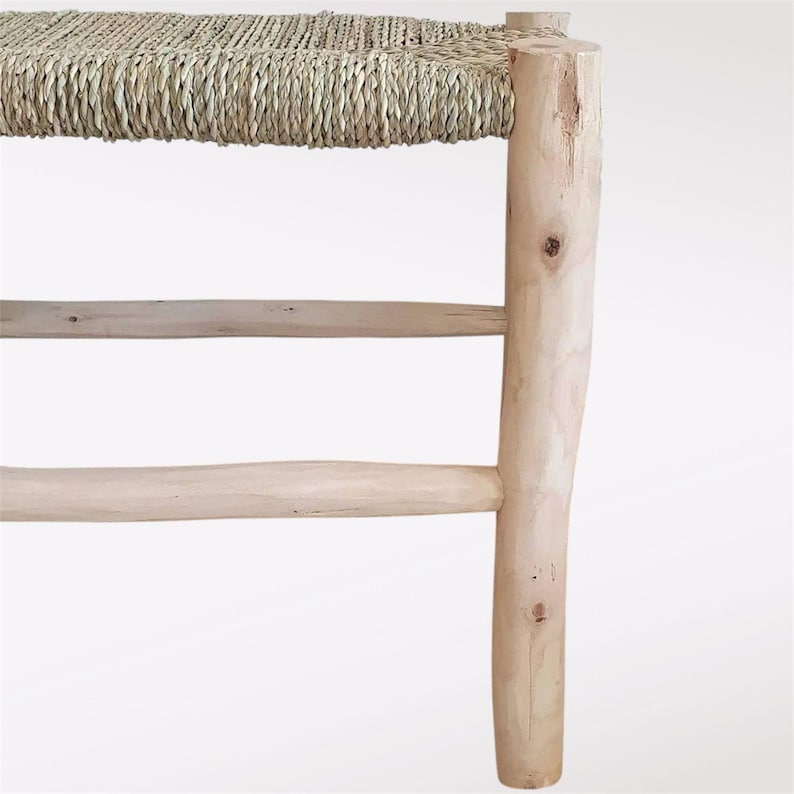Handcrafted Moroccan Wooden Bench with Natural Palm Leaf Weave AZRIVA