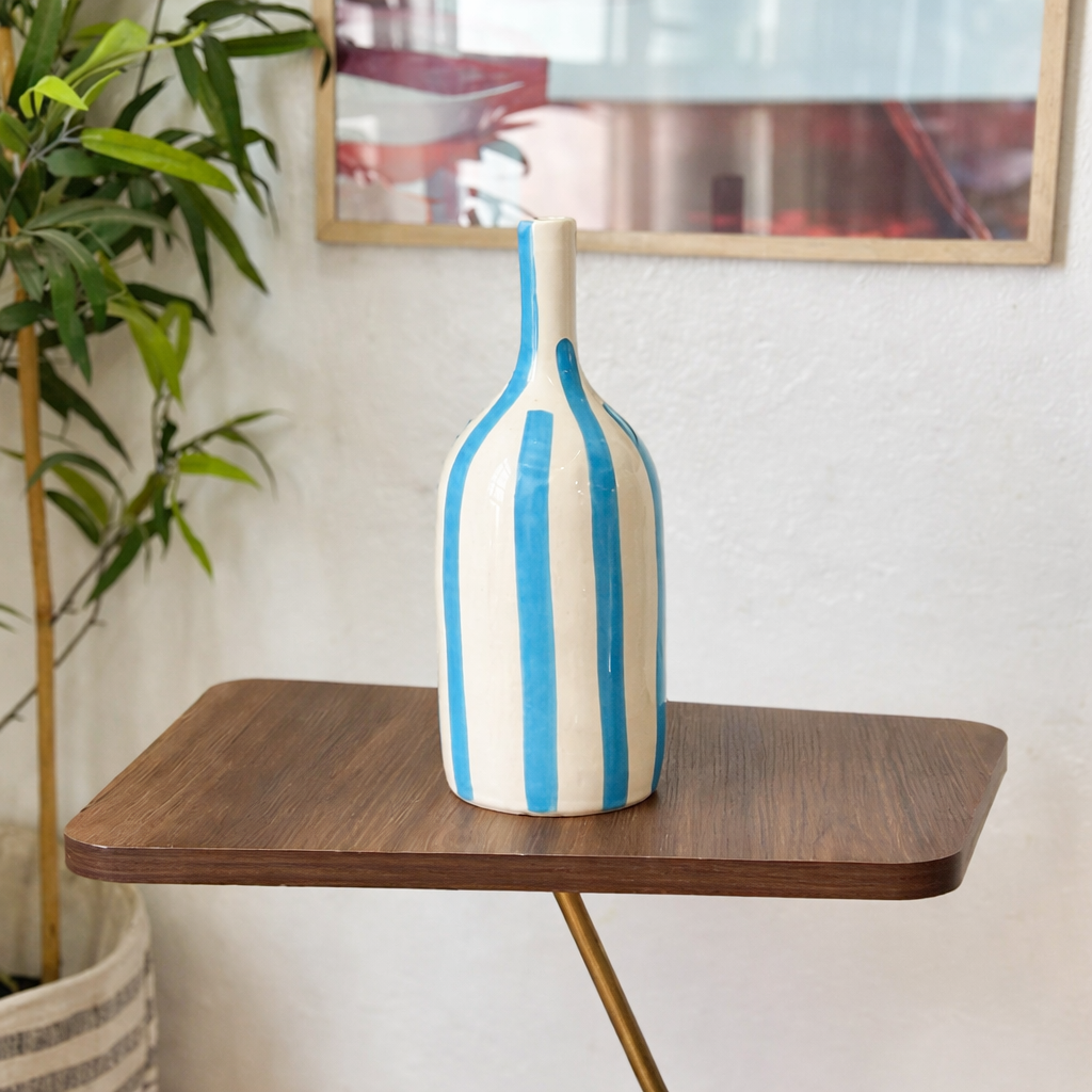Sky Blue Striped Handcrafted Bottle Vase AZRIVA