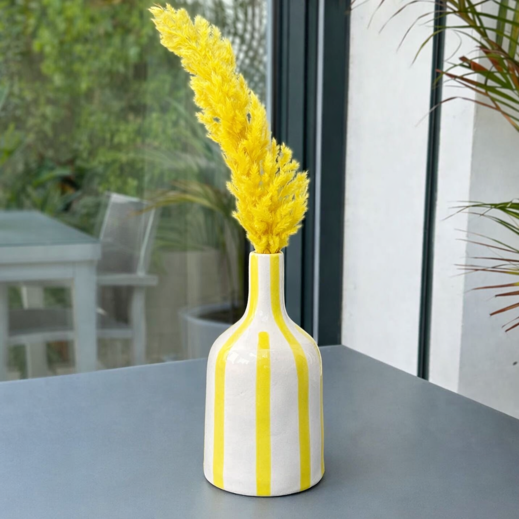 Yellow Striped Handcrafted Bottle Vase AZRIVA