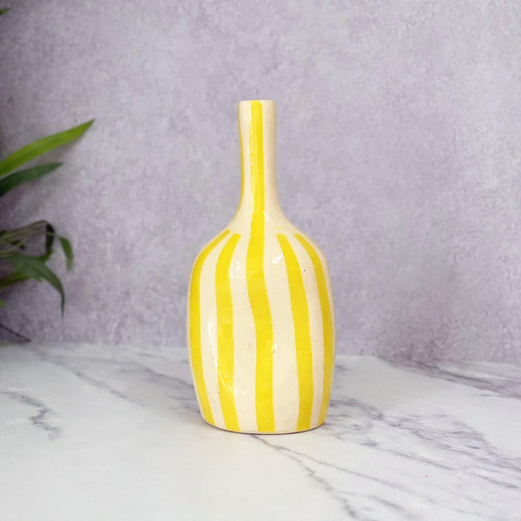 Yellow Striped Hollow Handcrafted Bottle Vase AZRIVA