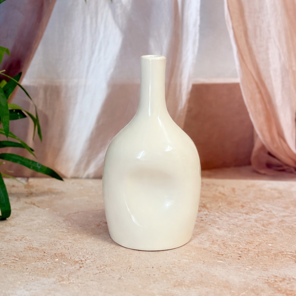 Medium Cream Handcrafted Bottle Vase AZRIVA