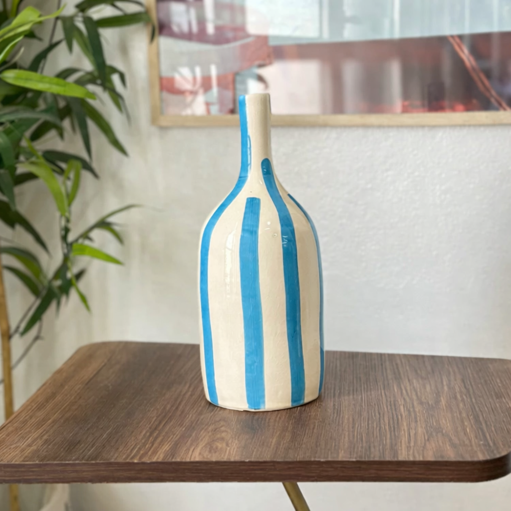 Sky Blue Striped Handcrafted Bottle Vase AZRIVA