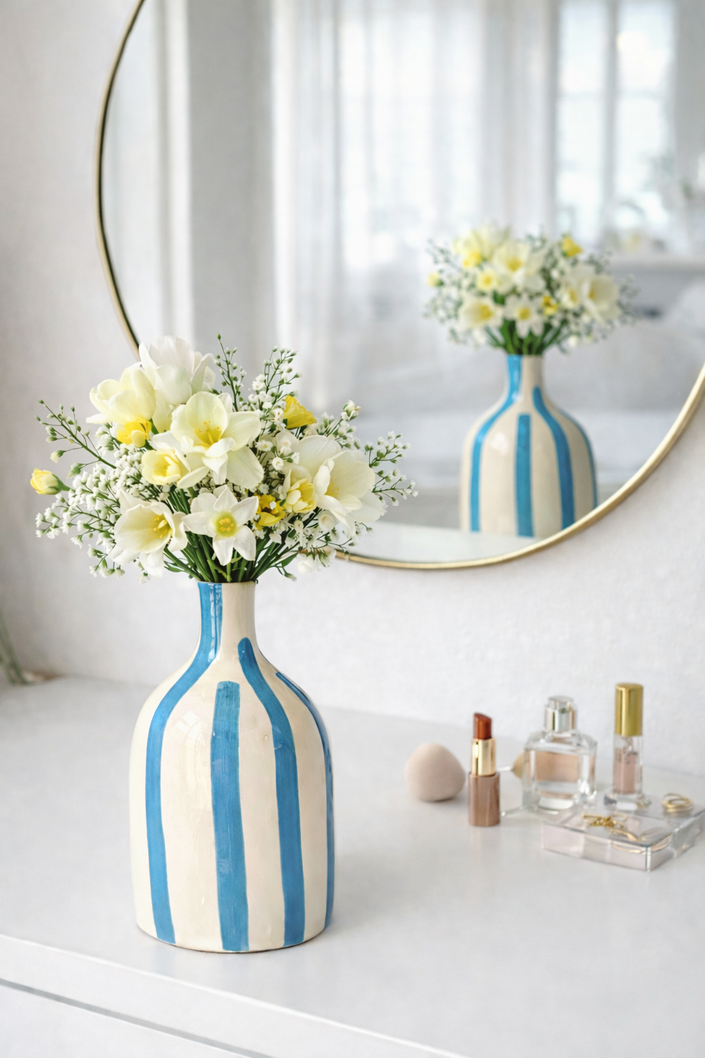 Sky Blue Striped Handcrafted Bottle Vase AZRIVA