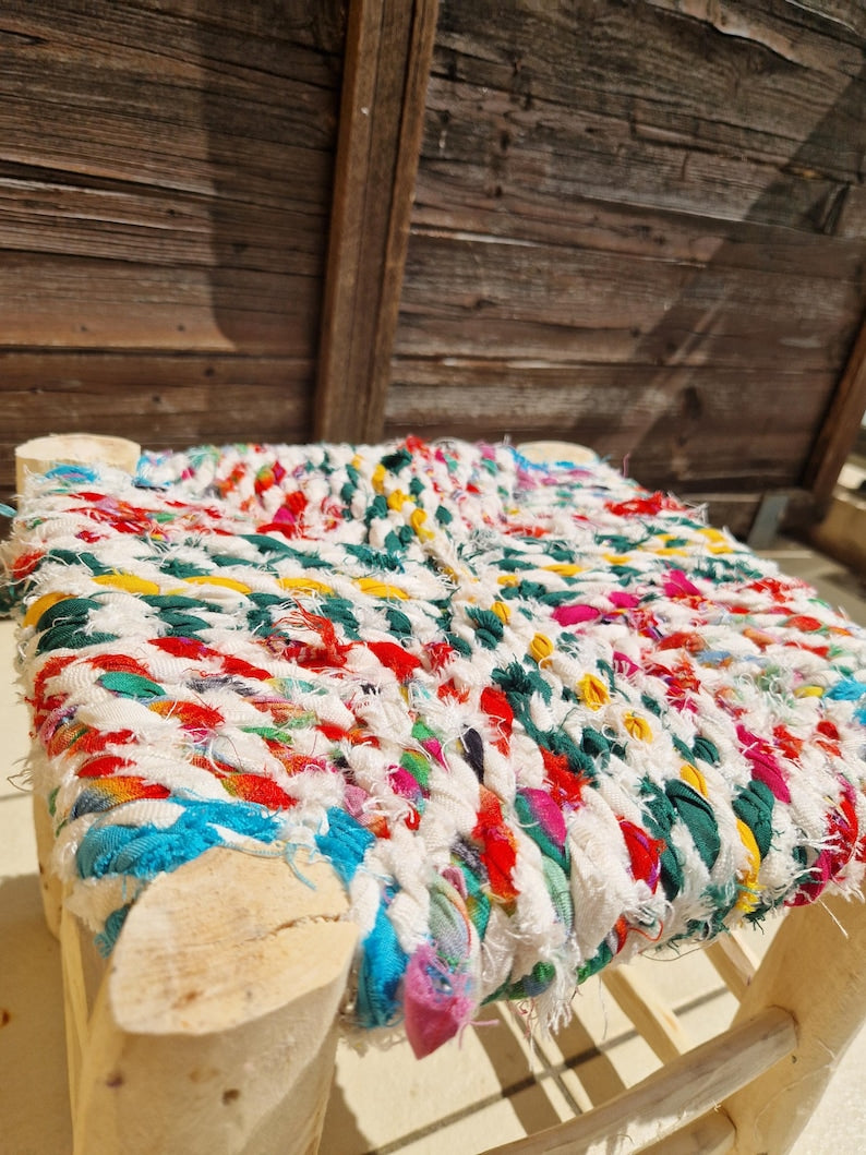 Handcrafted Moroccan Wooden Stool with Colorful Boucherouite Fabric Seat AZRIVA